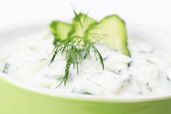 Greek yogurt sauce with cucumbers, dill and garlic, known as tarator or snezhanka in Bulgaria or zaziki in Turkey. Shallow DOF